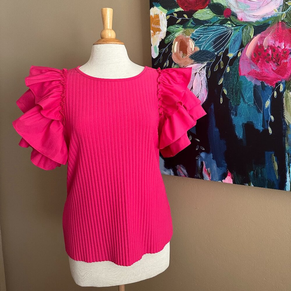 👉 Barbiecore Pink Ruffle Sleeve Top Marc NY M Statement Blouse